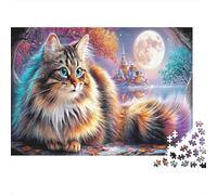 Fluffy Cat 1000 Pieces Sturdy Cardboard Jigsaw Puzzles for Adults Collectors Senior Enthusiasts Relaxation Pet Magical Castle Wall Decoration Home Activity 38x26cm/1000pcs
