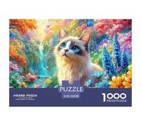 Fluffy Cat in A Bright, Blooming Forest with A Waterfall 1000-Piece Jigsaw Puzzle Cute Pet Cat Family Game Night Essential, Adults & Kids 52x38cm/1000pcs