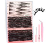 Fluffy Cluster Lashes KIT, 280PCS D Curl 60D 80D Spiky Individual Eyelashes with Glue and Tweezers, 8-16mm Ultra Thin Band 0-Burden Comfort Eyelash Clusters for DIY Eyelash Extensions at Home