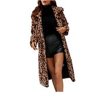 Fluffy Coat Long Sleeve Notched Lapel Warm Leopard Print Casual Thermal Plush Shaggy Parka Cardigan Open Front Womens Winter Coats Mid Long Winter Jacket Artificial Fur Overcoat Jacket Outwear