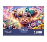 Fluffy Cow with A Bow 1000-Piece Jigsaw Puzzle Cute Highland Cattle Perfect for Men, Women, Elders & Seniors 52x38cm/1000pcs