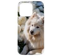 Fluffy Dog White Peonies Spring Flowers Pet Lover Case for iPhone 15 Pro Max