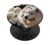 Fluffy Dog White Peonies Spring Flowers Pet Lover PopSockets Adhesive PopGrip