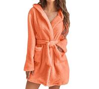 Fluffy Dressing Gowns with Hood - Womens Towelling Bath Robe, Long Sleeve V-Neck Dressing Gown with Pockets, Soft Fleece Bathrobe, Warm Cosy Nightdress, Comfortable Hooded Loungewear Orange