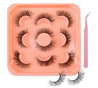 Fluffy False Eyelashes Strip Lashes, 6D Thick Volume Cat Eye Lashes Reusable, Wispy Natural Look for Everyday & Party, Women’s Faux Mink Lashes 5 Pairs + Tweezers (13-18MM)