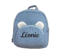 Fluffy Fleece Kids Backpack Personalised Custom Name Embroidery, Cute 3D White Bear Ears Toddler Rucksack Ideal Birthday & Nursery Gift for Children （Blue, One Size