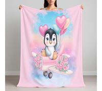 Fluffy Fleece King Size Blanket 220 x 270 cm - No Shed No Pilling Rose Pink Sofa Throw Cosy Warm, Nostalgic Y2K Style Penguin Balloon Home Décor Flannel Blanket for Bed Sofa Couch