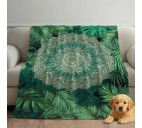Fluffy Fleece Queen/Full Size Blanket 200 x 240 cm - No Shed No Pilling Sage Green Sofa Throw Cosy Warm, Bohemian Mandala Palm Leaf Zen Home Décor Flannel Blanket for Bed Sofa Couch
