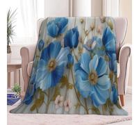 Fluffy Fleece Throw Blanket Digital Art Wooden Wall Blue Flowers Versatile Soft Fuzzy Warm Blankets, White Cozy Flannel Sherpa Blanket for Sofa Couch All Season 150 x 200 cm