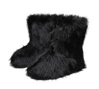 Fluffy Fur Boots For Women Round Toe Flat Boots Luxury Warm Synthetic Fur Lined Snow Boots Mid-Calf Fashion Boots For Womens Non-Slip Fur Boots Girl Indoor Outdoor Wear Winter Ladies Shoes Black Uk8.5