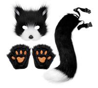 Fluffy Fur Fox Tail Keychain Cat Paws Gloves Wolf Plush Mask Set for Halloween Party Cosplay Costume Props Accessories, Black+white, One size