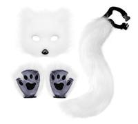 Fluffy Fur Fox Tail Keychain Cat Paws Gloves Wolf Plush Mask Set for Halloween Party Cosplay Costume Props Accessories, White, One size