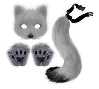 Fluffy Fur Fox Tail Keychain Cat Paws Gloves Wolf Plush Mask Set for Halloween Party Cosplay Costume Props Accessories, Grey, One size
