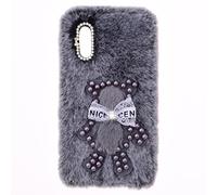Fluffy Fur Plush Case for Samsung Galaxy A03 Core Case Girly Bear Faux Fur Shockproof Back Bumper Silicon Soft Fluffy Furry Chic Bling Diamond Bowknot Cover for Samsung Galaxy A03 Core,Grey Bear