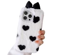 Fluffy Furry Case for Samsung Galaxy A35 5G Soft Cute Fashion Plush Warm Shell Shockproof TPU Silicone Bumper Protective Cover Winter Women Girls - Love bowknot black and white