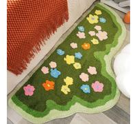 Fluffy Green Moss Rug with 3D Flowers Irregular Shape Area Runner for Bedroom Living Room Non Slip Washable Bathroom Runner