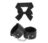 Fluffy Handcuffs Adult Couple Set 1 Pair Adjustable PU Plush Handcuffs 1 Satin Eye Strap Black for Bedroom Games