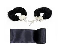 Fluffy Handcuffs and Blind Folder Set, Metal Handcuffs Satin Blindfold Adults Kids Role Play Game Cosplay Party Costume Accessories (Black)