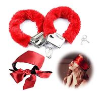 Fluffy Handcuffs, Metal Handcuff with 2 Keys, Sleep Eye Mask Play,Cosplay Costume Props for Cosplay,Valentine's Gift Handcuffs Prop Dress Ball Party (Red)
