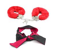 Fluffy Handcuffs Satin Eye Cover Set,2Pcs Metal Handcuffs with 2 Keys Satin Blindfolds Fluffy Hand Cuffs Sleeping Mask Cover Valentines Gifts for Cosplay Handcuffs Prop Dress Ball Party,Red