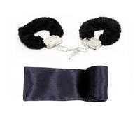 Fluffy Handcuffs Satin Eye Cover Set,Metal Handcuffs with 2 Keys Satin Blindfolds Fluffy Hand Cuffs Sleeping Mask Cover Valentines Gift for Cosplay Handcuffs Prop Dress Ball Party,2Pcs Black