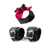 Fluffy Handcuffs Satin Eye Mask Blindfold Kit - Hand Cuff Set - Black Blindfold Satin Eye Mask - Adjustable Handcuffs Fluffy Bracelet-(Black)