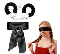 Fluffy Handcuffs Set with Satin Eye Mask - Soft & Furry Restraints for Couples - Metal Hand Cuffs with 2 Keys - Sensory Play & Bedroom Games Accessories for Women - Black
