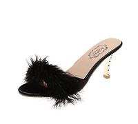 Fluffy Heeled Slippers Women Womens Slip On Heels Mule Heeled Sandals Stiletto Party Shoes Summer Open Toe Sandal With Backless Fashion Fuzzy Slipper Faux Feather Pointy Heeled Dressy Slide