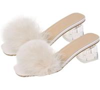 Fluffy Heels Women Slippers Plush Fuzzy Slides Summer outside Sandals Beige Thick Heel Size 39 Comfortable Footwear Reliable Performance, Ergonomic Design, Versatile Application Casual Wear