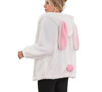 Fluffy Kawaii Bunny/Bear Hoodie Ears&Tail Animal Top Cute Rabbit Zip Jacket Winter Women Girl Sweet Sweater Coat, White-bunny, One Size