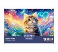 Fluffy Kitten on A Log in A Starry, Mountainous Floral Setting 1000 Piece Jigsaw Puzzle Dreamy Cute Cat - Classic Jigsaw Puzzles for Kids & Adults 38x26cm/1000pcs