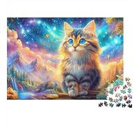 Fluffy Kitten on A Log in A Starry, Mountainous Floral Setting 1000Pc Jigsaw Puzzle Cute Cat Perfect for Family Puzzle Nights, Adults & Kids 52x38cm/1000pcs