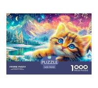 Fluffy Kitten, Snowy Mountains, Stars, Flowers And Glowing Crystals 1000-Piece Jigsaw Puzzle Dreamy Cute Cat - Family Puzzle Game for All Ages 70x50cm/1000pcs