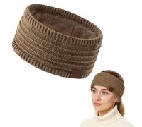 Fluffy Knitted Letter Logo Headband - Warm Ear Warmer Lining, Elastic Thick Fleece Fabric, Wide Head Band for Women, Sports, Spa, Face Washing & Winter Comfort, Stylish Hair Accessories (Khaki)