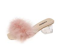 Fluffy Mules Heels For Women Womens Square Toe Heels Mid Chunky Block Sandals Faux Fur Clear Slippers Transparent Party Heel Slip On Feather Sandals Wedding Bridal Pumps Dressy Peep Toe Pumps