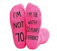 Fluffy Novelty Socks, Bright Pink, 70th Birthday Sole Quote, 1 Pair | Coordinated Black Wording Across Both Soles, Indoor Home Wear Or A Humorous Present For An Adult Celebrating A Milestone