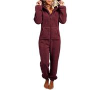Fluffy Onesies for Women, Ladies Fleece Pyjamas One Piece Hooded Loungewear Teddy Bear Winter Warm Pajamas Plush Cosy Long Sleeve Jumpsuit Playsuit Sleepwear with Pockets UK Size 8-22 Wine