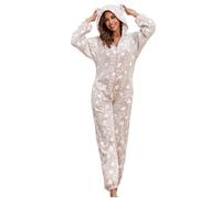Fluffy Onesies for Women Ladies Fleece Pyjamas Teddy Bear Hooded Onesie Fur Pajamas Winter Warm Plush Flannel One Piece Jumpsuit Playsuit Sleepwear Loungewear Gifts for Her Khaki