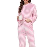 Fluffy Pajamas Set Winter for Women, Soft Fuzzy Warm Pjs Flannel, 2 Piece Plush Sleepwear Lounge Sets with Pockets (Red and White Striped Set,S)