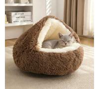 Fluffy Pet Cat Cave Bed, Small Cats Dog Tent Igloo Hooded Sleeping Cushion, Semi-closed Plush Kitten Puppy Nest Kennel Non-slip Bottom Washable Pet House (Brown,S-40cm)