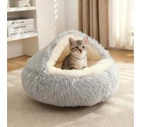 Fluffy Pet Cat Cave Bed, Small Cats Dog Tent Igloo Hooded Sleeping Cushion, Semi-closed Plush Kitten Puppy Nest Kennel Non-slip Bottom Washable Pet House (Grey,S-40cm)
