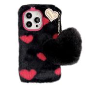 Fluffy Plush Case for Huawei P30 Lite/Nova 4E Heart-shaped Pendant TPU Bumper Protective Cover Bling Diamond bowknot Cute Warm Winter for Women Girls Shockproof-Black Red