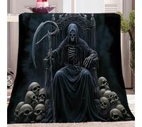 Fluffy Plush Throw Blanket Gothic Grim Reaper Skull Black Gray Super King Size 220 X 240 Cm Cozy Warm Lightweight Plush Fluffy For Bedroom Sofa Couch Bed Living Room Men Women Teens Children
