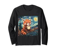 Fluffy Red Panda Holding Tea Cup Van Gogh Starry Night Art Long Sleeve T-Shirt