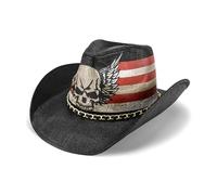 FLUFFY SENSE. Vintage Cowboy Hat USA American Flag Classic Western Style Tea Stained Patriotic Unisex Cowboy Cowgirl Hat with Shapable Brim, Skull Wings, Black Skull Wings