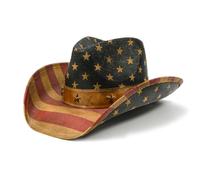 FLUFFY SENSE. Vintage USA American Flag Cowboy Hat Classic Tea Stained Patriotic Western Cowboy Cowgirl Hat with Shapable Brim (US, Alpha, Medium, Large, Vintage Classic), Classic Navy, M-L