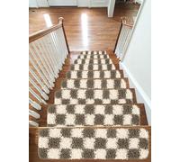 Fluffy Shaggy Non-Slip Washable Carpet Stair Treads, Self-Adhesive Stair Mats/Rugs for Kids Elders and Pets, 20x65cm, 15pc in Box (Fume/Cream)