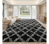 Fluffy Shaggy Rug 80X160Cm - Black & White Geometric Moroccan, Ultra Soft, Anti-Slip