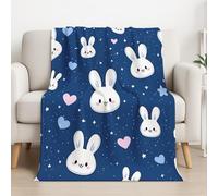 Fluffy Silk Touch Cartoon Throw Blanket Cute Heart Rabbit Comfortable Blanket For Bed, Sofa & Couches 32in × 59in (80cm × 150cm),Blue White
