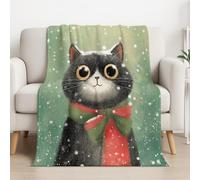 Fluffy Silk Touch Illustration Throw Blanket Retro Dreamy Cat Comfortable Blanket For Bed, Sofa & Couches 32in × 59in (80cm × 150cm),Green Black